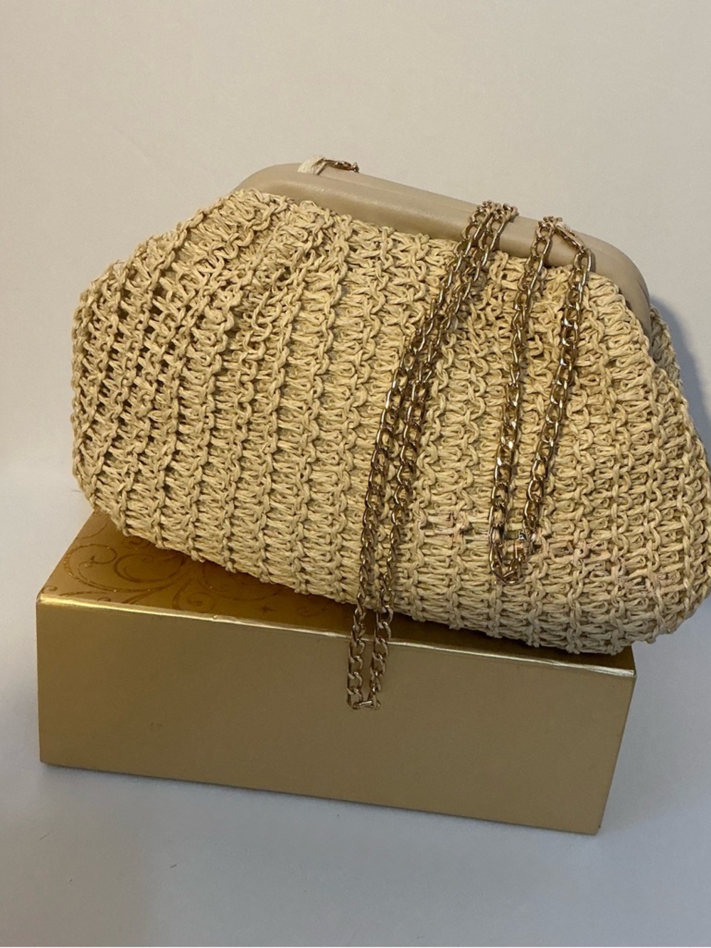 Woven Straw Clutch Bag with Chain Strap and Raffia Bowler Hat With Rolled Brim - Picture 3 of 9